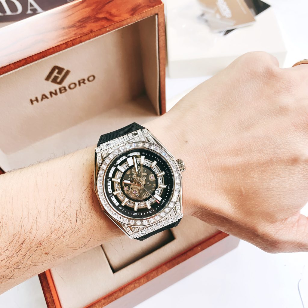 Đồng hồ đính đá Hanboro nam chính hãng máy cơ automatic