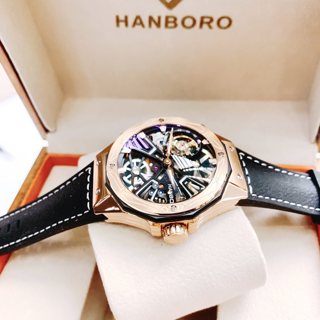 Đồng hồ cơ nam lộ máy Hanboro Rosegold chính hãng dây da 44mm