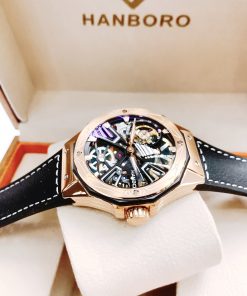 Đồng hồ cơ nam lộ máy Hanboro Rosegold chính hãng dây da 44mm
