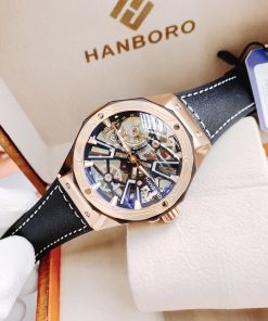 Đồng hồ cơ nam lộ máy Hanboro Rosegold chính hãng dây da 44mm