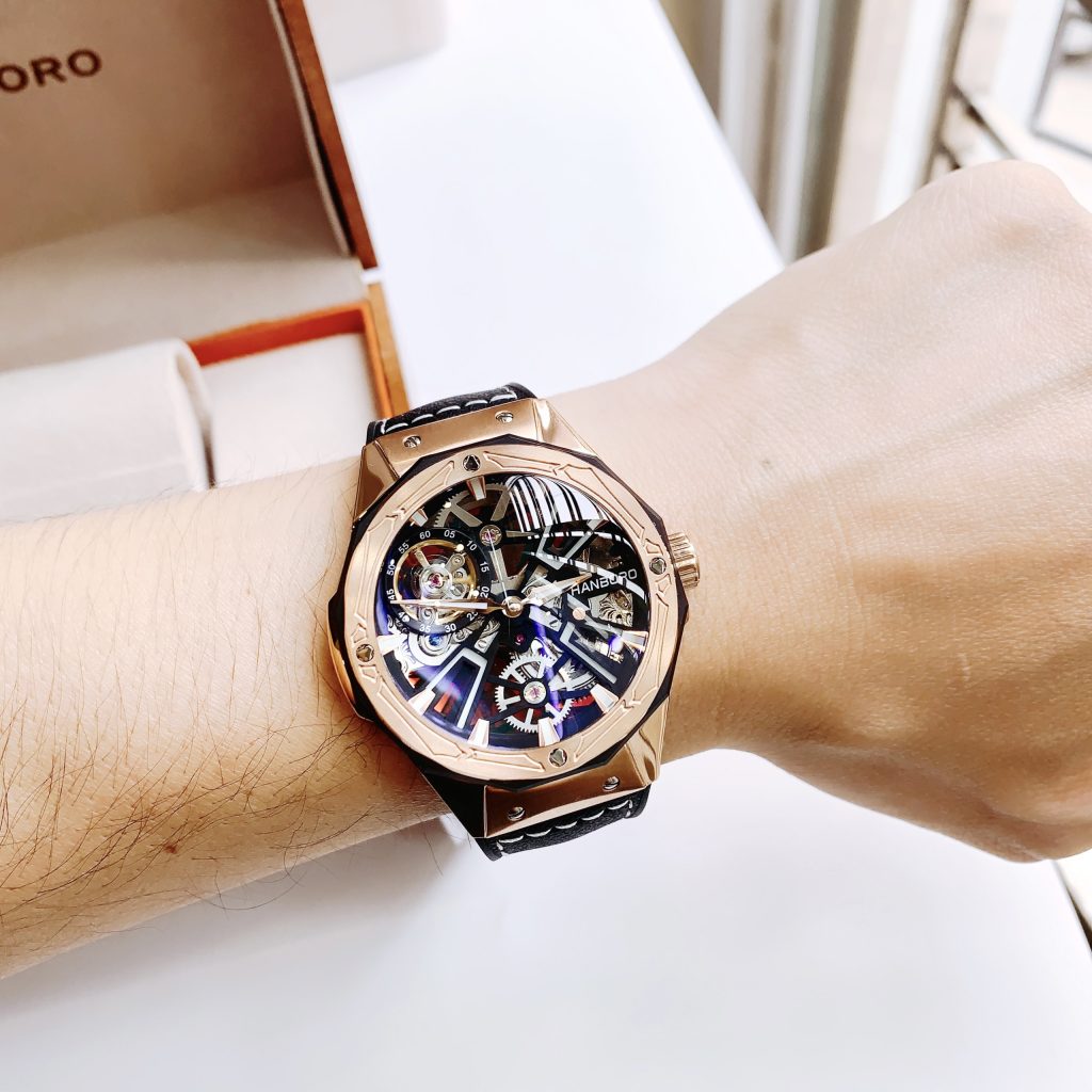 Đồng hồ cơ nam lộ máy Hanboro Rosegold chính hãng dây da 44mm