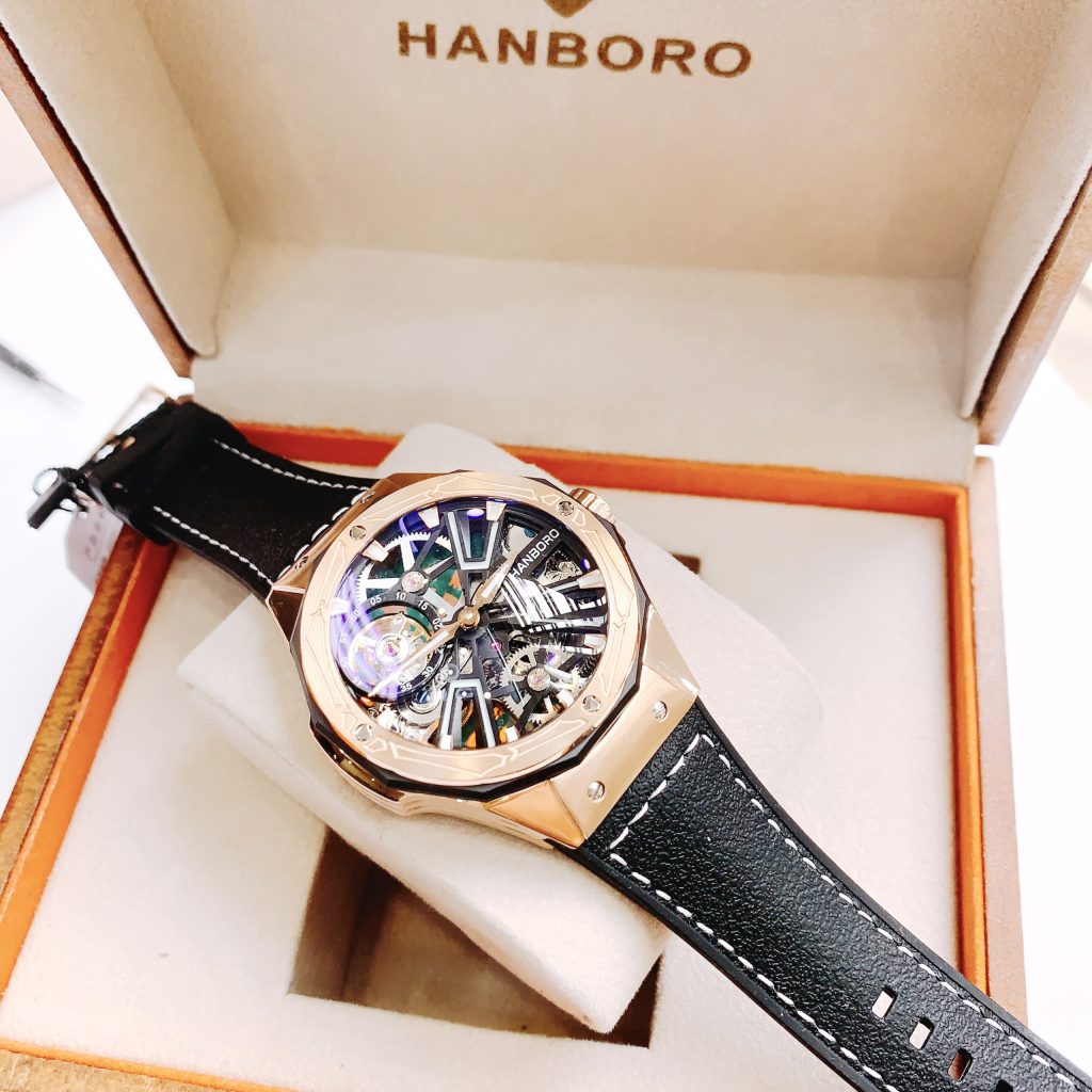Đồng hồ cơ nam lộ máy Hanboro Rosegold chính hãng dây da 44mm