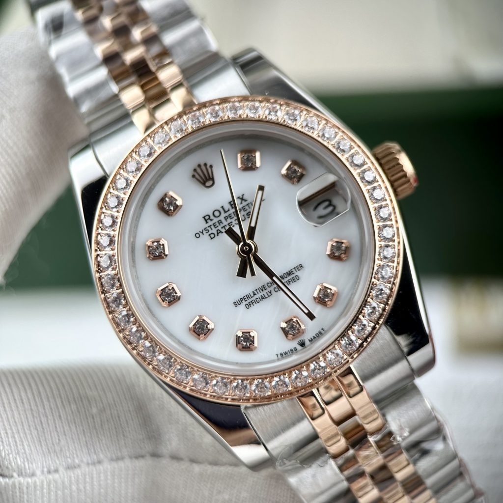 Đồng hồ mặt xà cừ Rolex Datejust máy cơ Nhật đính đá nữ