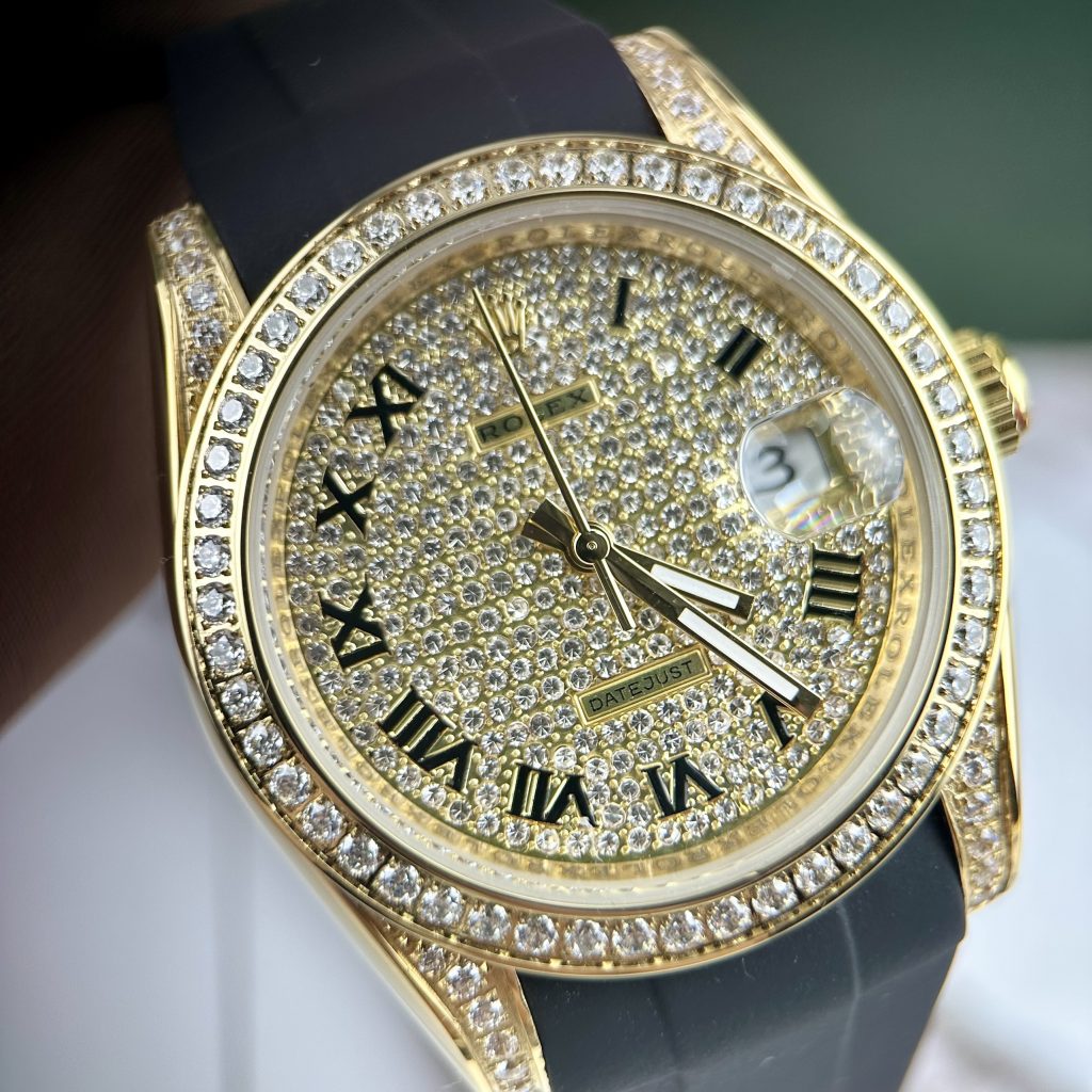 Đồng hồ đính đá Rolex Datejust máy Nhật mạ vàng dây cao su 40mm