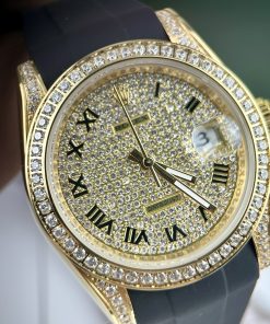Đồng hồ đính đá Rolex Datejust máy Nhật mạ vàng dây cao su 40mm