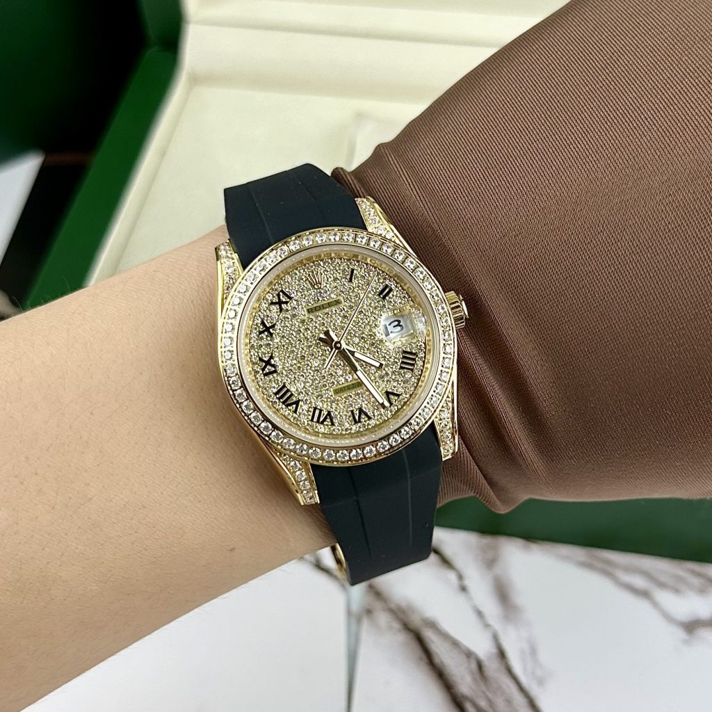 Đồng hồ đính đá Rolex Datejust máy Nhật mạ vàng dây cao su 40mm