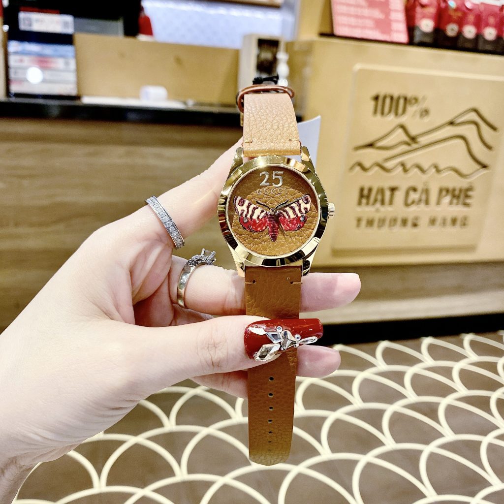 Đồng hồ nữ Gucci G-Timeless Butterfly dây da màu nâu siêu cấp