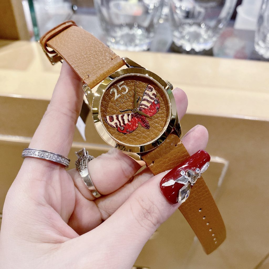 Đồng hồ nữ Gucci G-Timeless Butterfly dây da màu nâu siêu cấp
