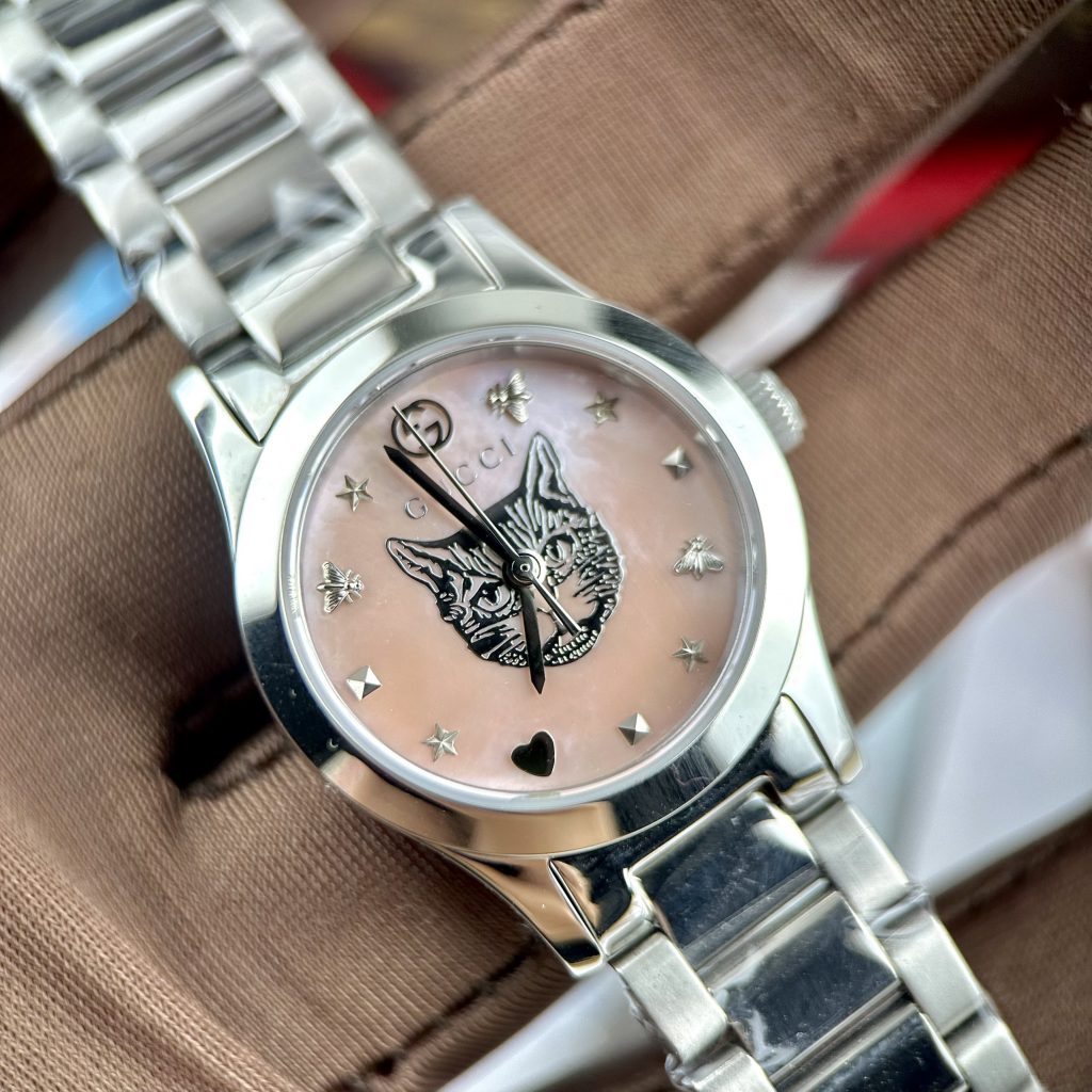 Đồng hồ Gucci nữ mặt khảm trai hình mèo màu hồng Like Auth 28mm