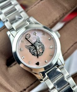 Đồng hồ Gucci nữ mặt khảm trai hình mèo màu hồng Like Auth 28mm