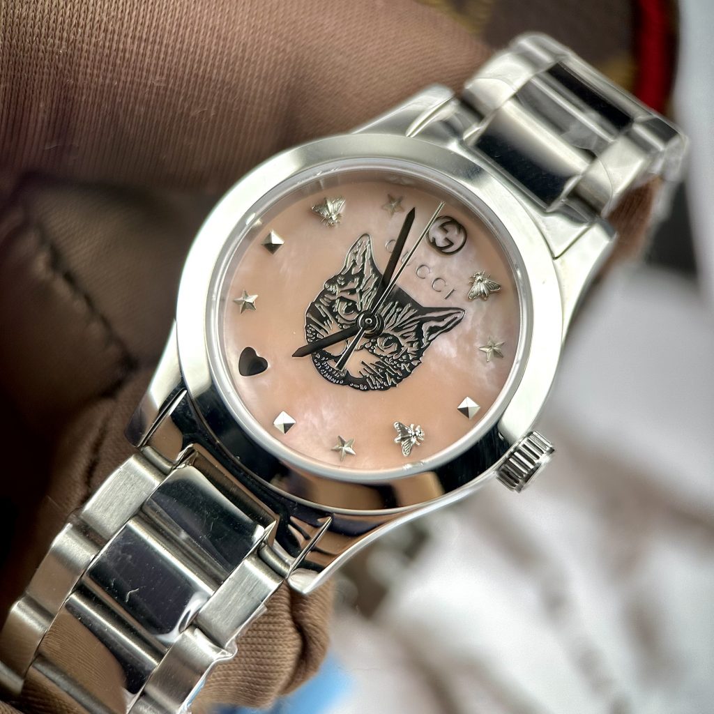 Đồng hồ Gucci nữ mặt khảm trai hình mèo màu hồng Like Auth 28mm