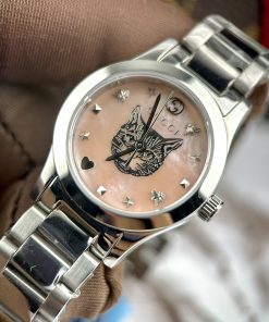 Đồng hồ Gucci nữ mặt khảm trai hình mèo màu hồng Like Auth 28mm