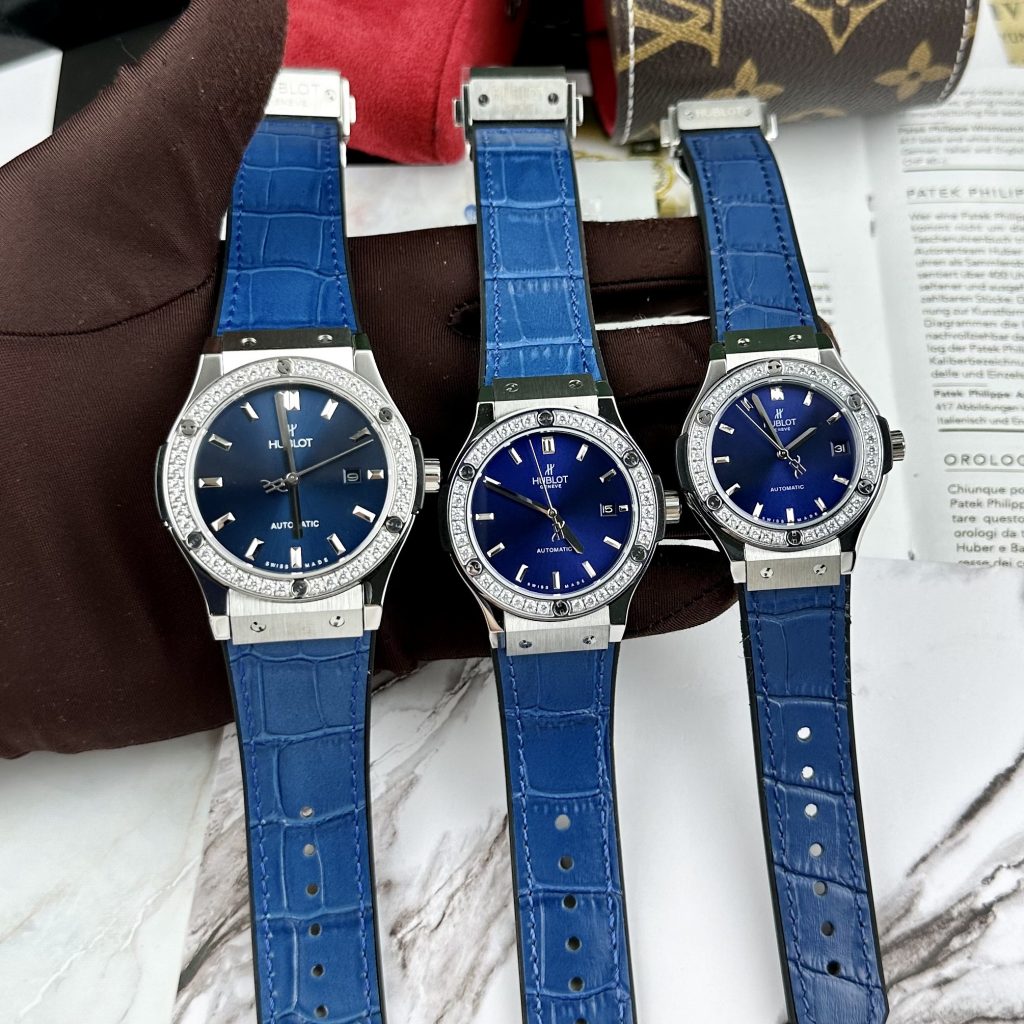 Đồng hồ Hublot đính đá máy cơ Nhật Automatic màu xanh dương