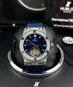 Đồng hồ đính đá Hublot cơ lộ máy Fake cao cấp máy Nhật màu xanh dương