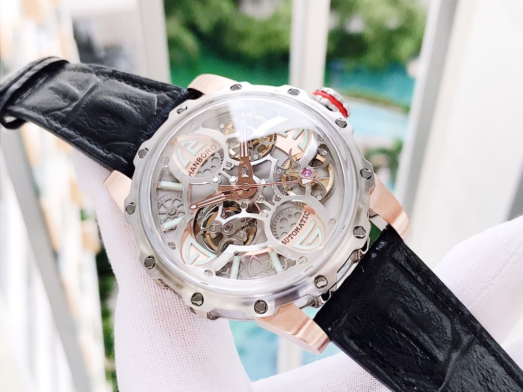 Đồng hồ cơ lộ máy Hanboro chính hãng Automatic màu demi 44mm