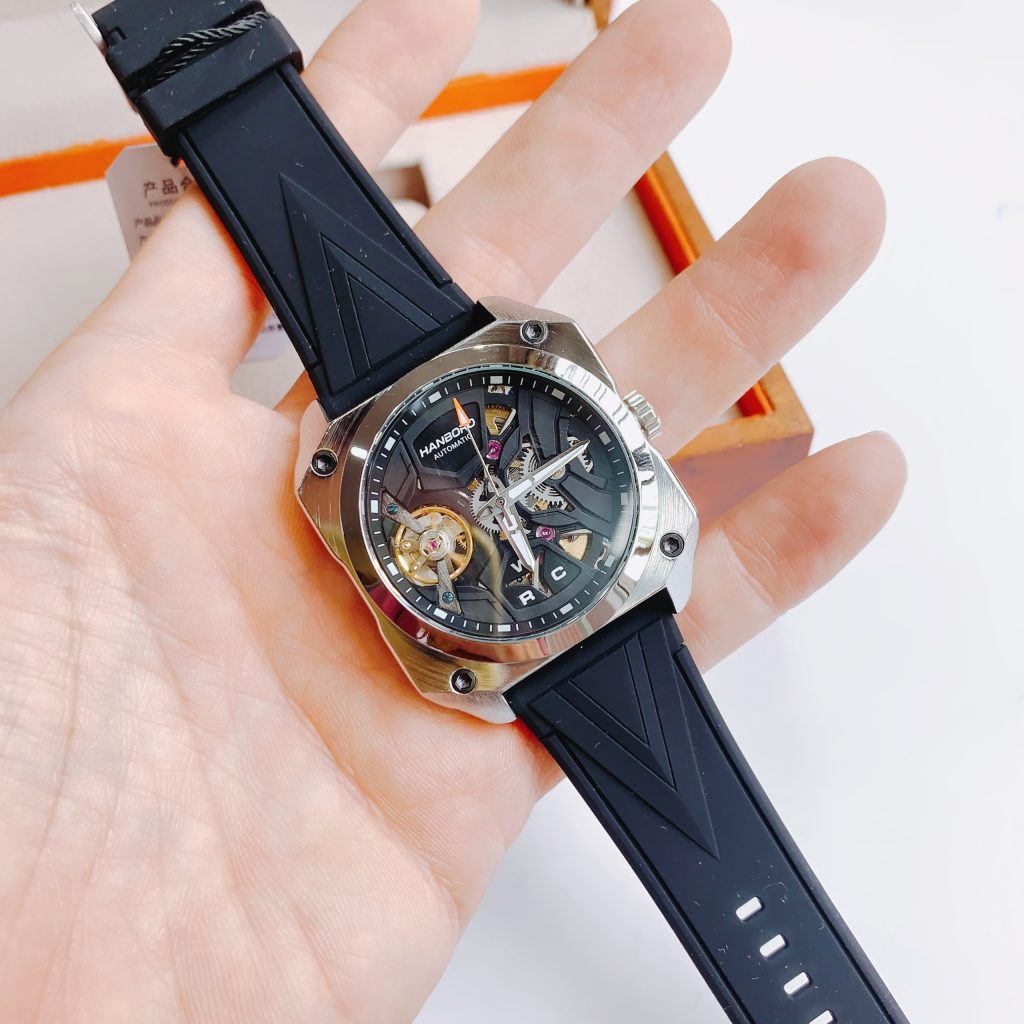 Đồng hồ mặt vuông Hanboro nam dây cao su màu đen chính hãng