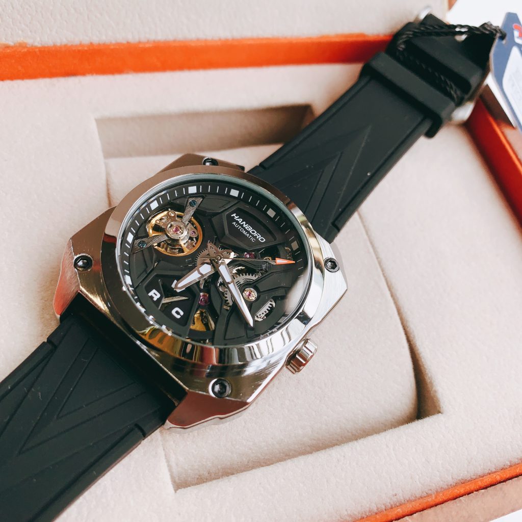 Đồng hồ mặt vuông Hanboro nam dây cao su màu đen chính hãng