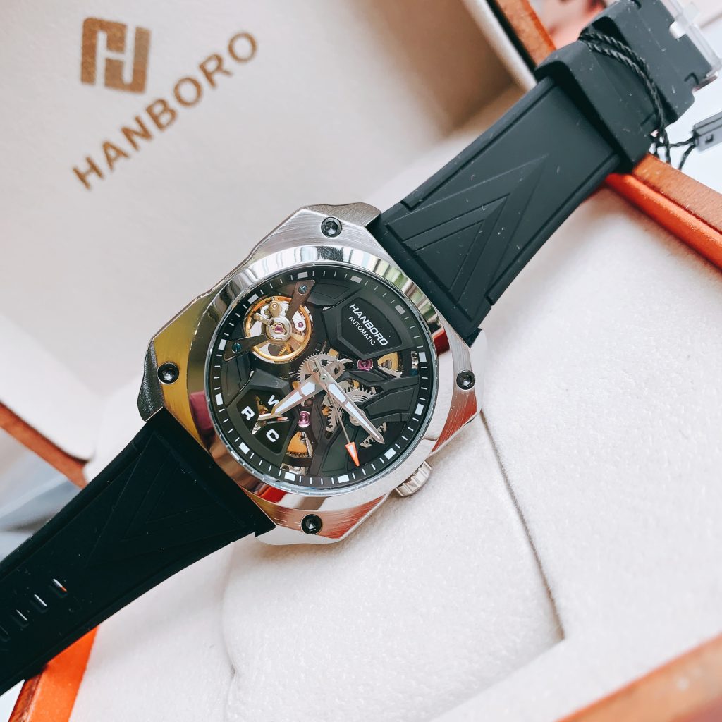 Đồng hồ mặt vuông Hanboro nam dây cao su màu đen chính hãng