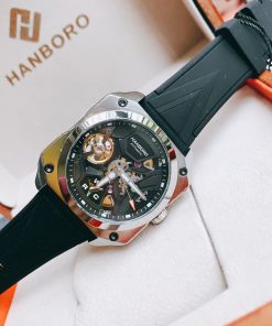Đồng hồ mặt vuông Hanboro nam dây cao su màu đen chính hãng
