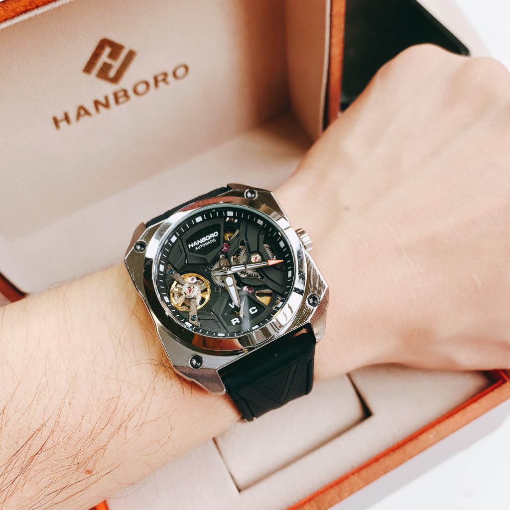 Đồng hồ mặt vuông Hanboro nam dây cao su màu đen chính hãng