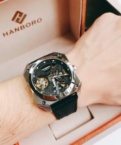 Đồng hồ mặt vuông Hanboro nam dây cao su màu đen chính hãng