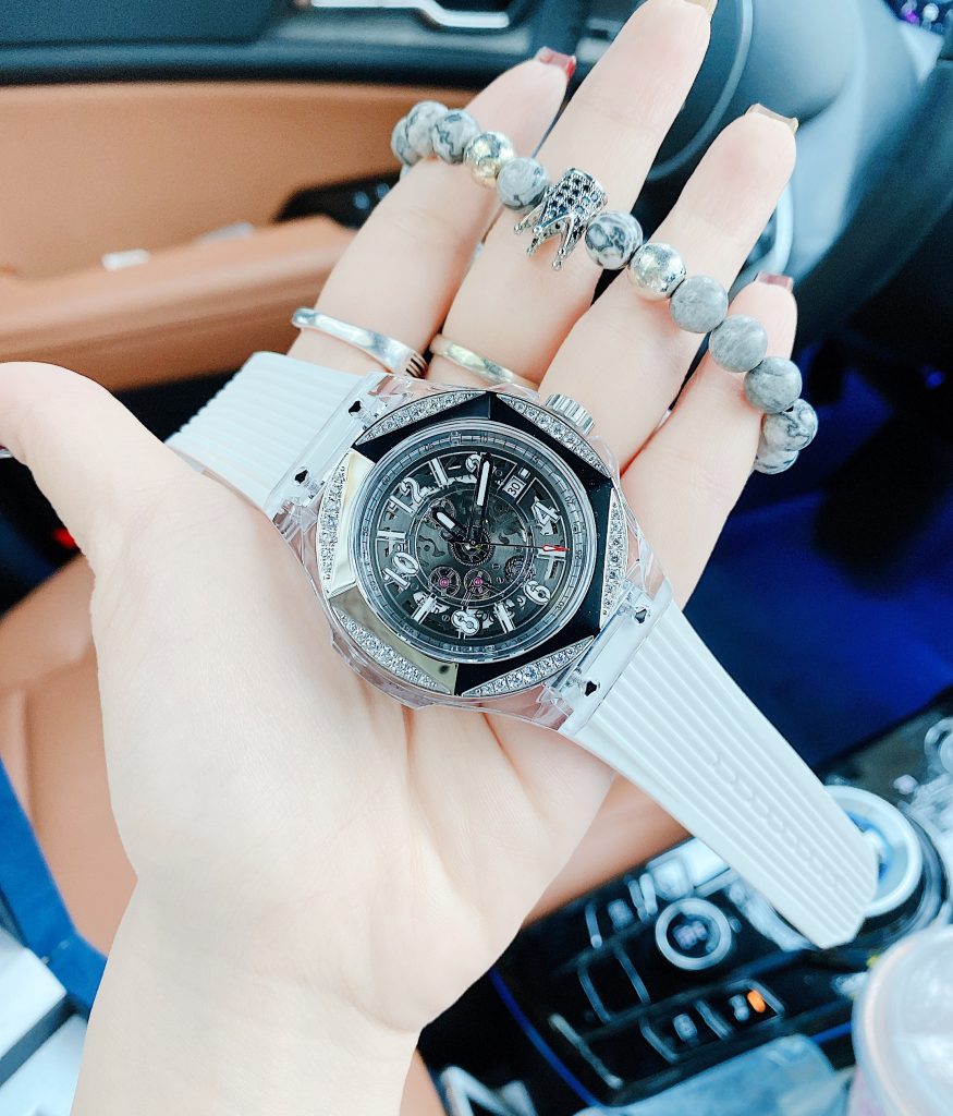 Đồng hồ đính đá Hanboro chính hãng dây cao su màu trắng