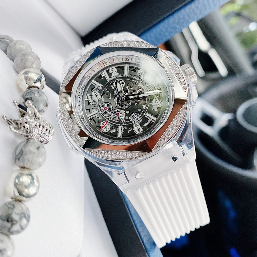 Đồng hồ đính đá Hanboro chính hãng dây cao su màu trắng