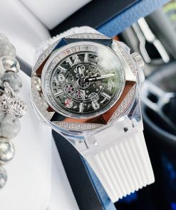 Đồng hồ đính đá Hanboro chính hãng dây cao su màu trắng