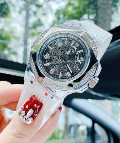 Đồng hồ đính đá Hanboro chính hãng dây cao su màu trắng