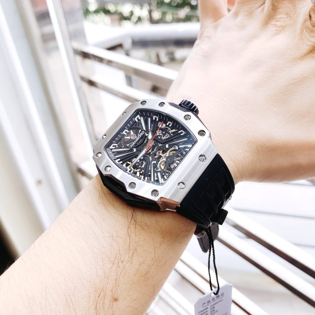 Đồng hồ Hanboro cơ lộ máy automatic chính hãng dây cao su đen