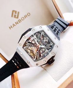 Đồng hồ Hanboro cơ lộ máy automatic chính hãng dây cao su đen