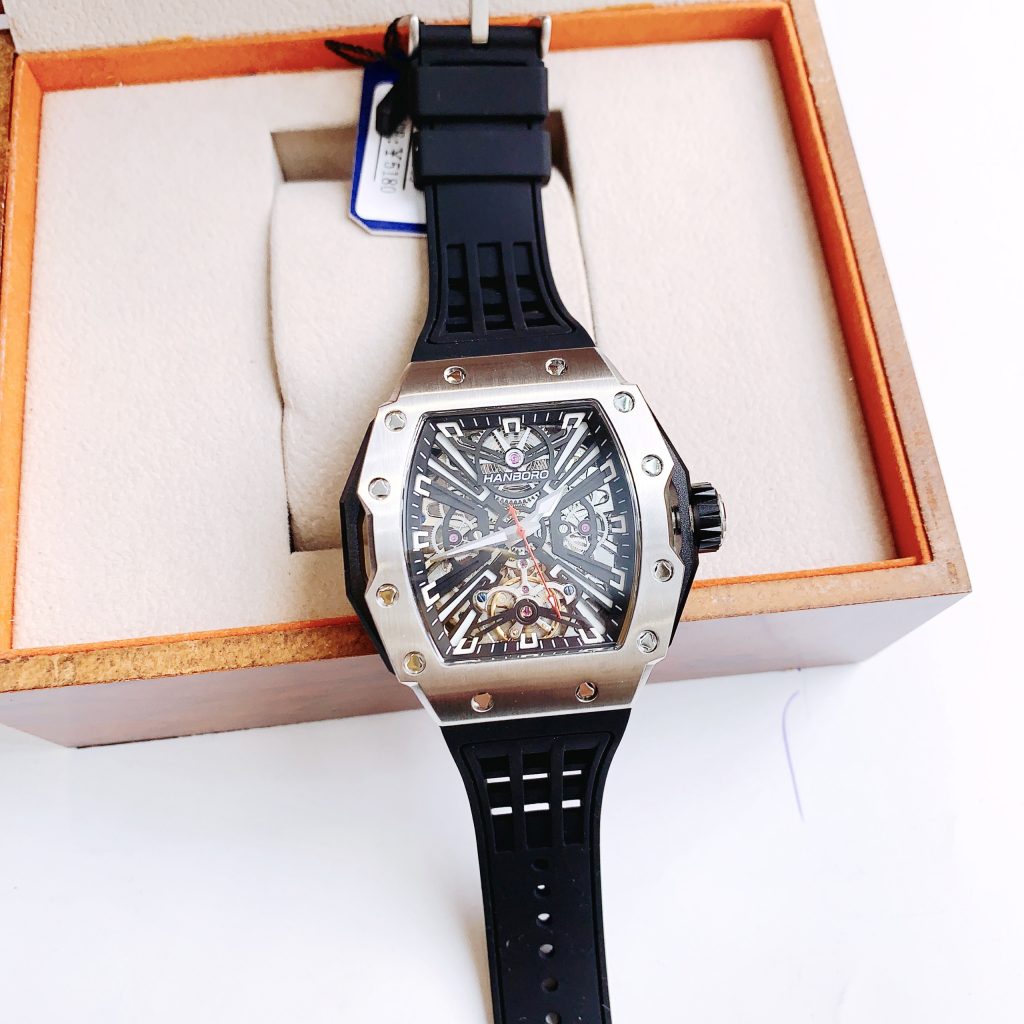 Đồng hồ Hanboro cơ lộ máy automatic chính hãng dây cao su đen