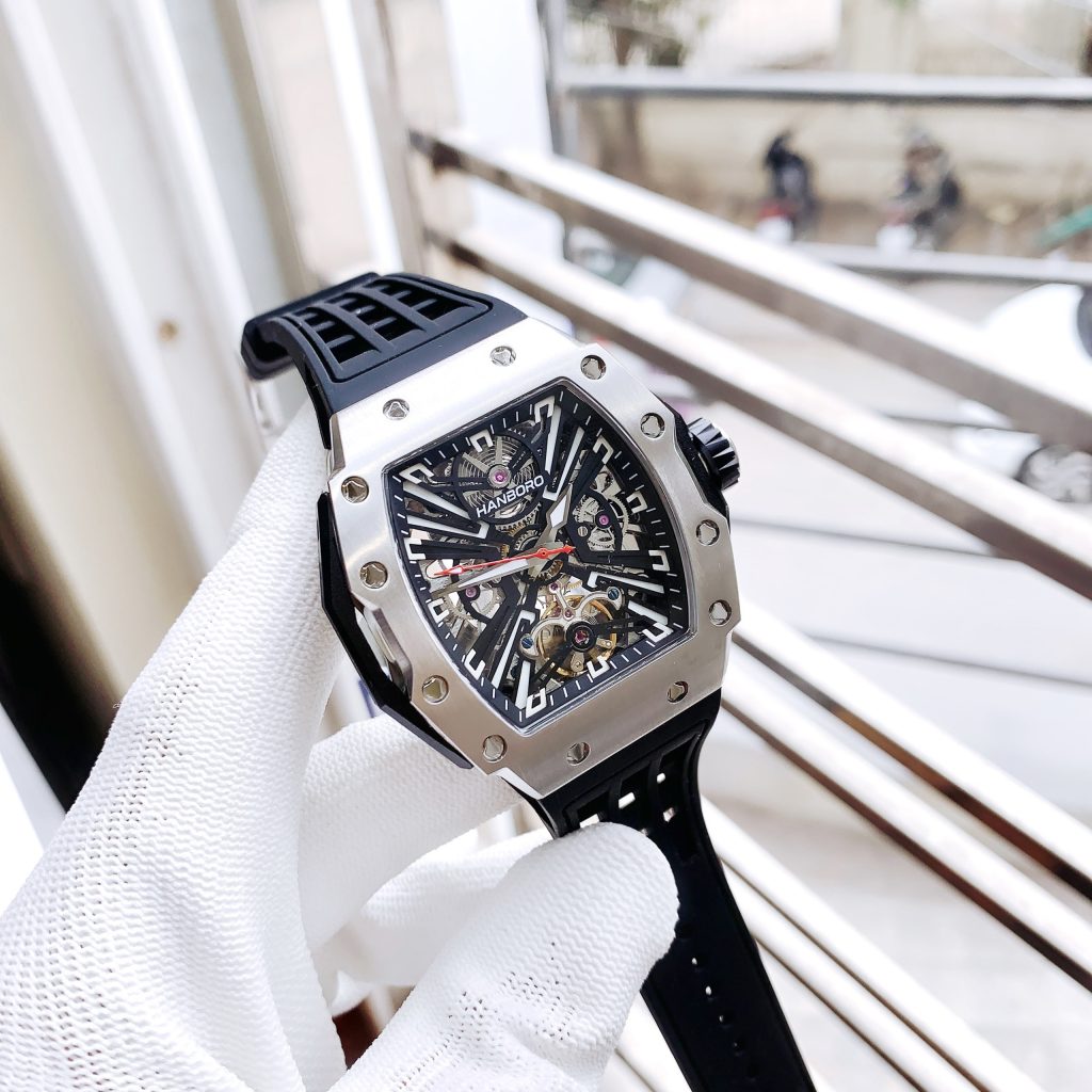 Đồng hồ Hanboro cơ lộ máy automatic chính hãng dây cao su đen