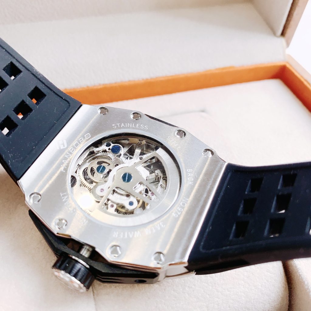 Đồng hồ Hanboro cơ lộ máy automatic chính hãng dây cao su đen