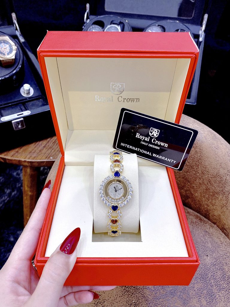 Đồng hồ nữ Royal Crown đính đá dây kim loại hình trái tim 33mm