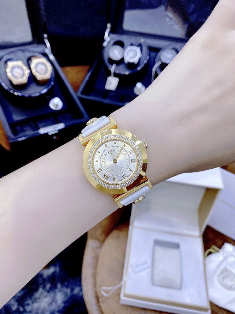 Đồng hồ nữ Versace Vanity like auth dây da màu trắng mạ vàng