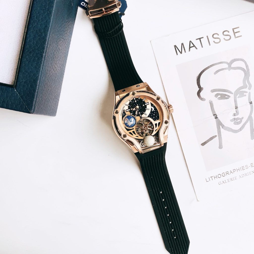 Đồng hồ cơ lộ máy Hanboro by Huboler nam chính hãng Tone Màu Rose Gold 45mm