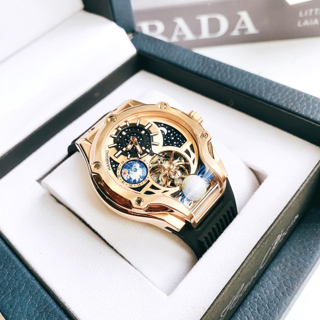 Đồng hồ cơ lộ máy Hanboro by Huboler nam chính hãng Tone Màu Rose Gold 45mm