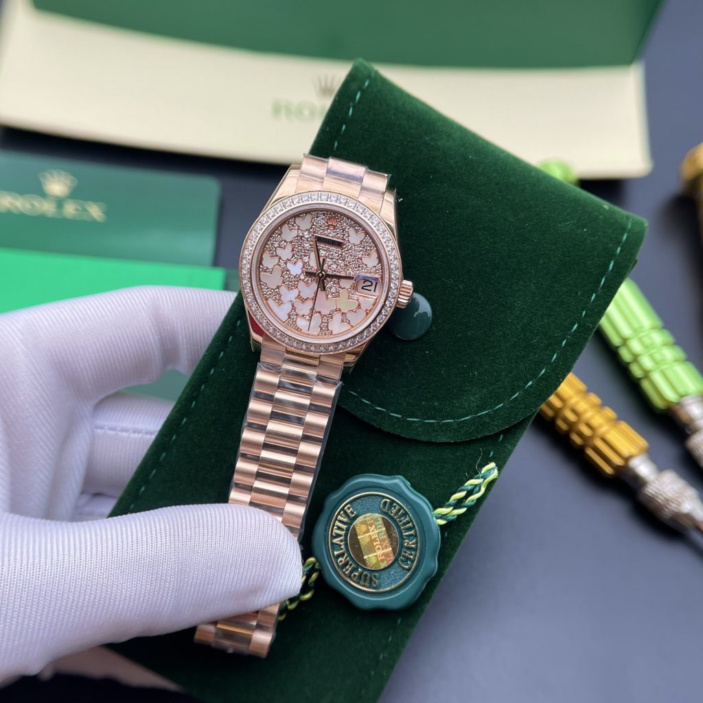 Đồng hồ nữ Rolex Datejust Replica 11 mặt số cánh bướm màu vàng hồng 31mm