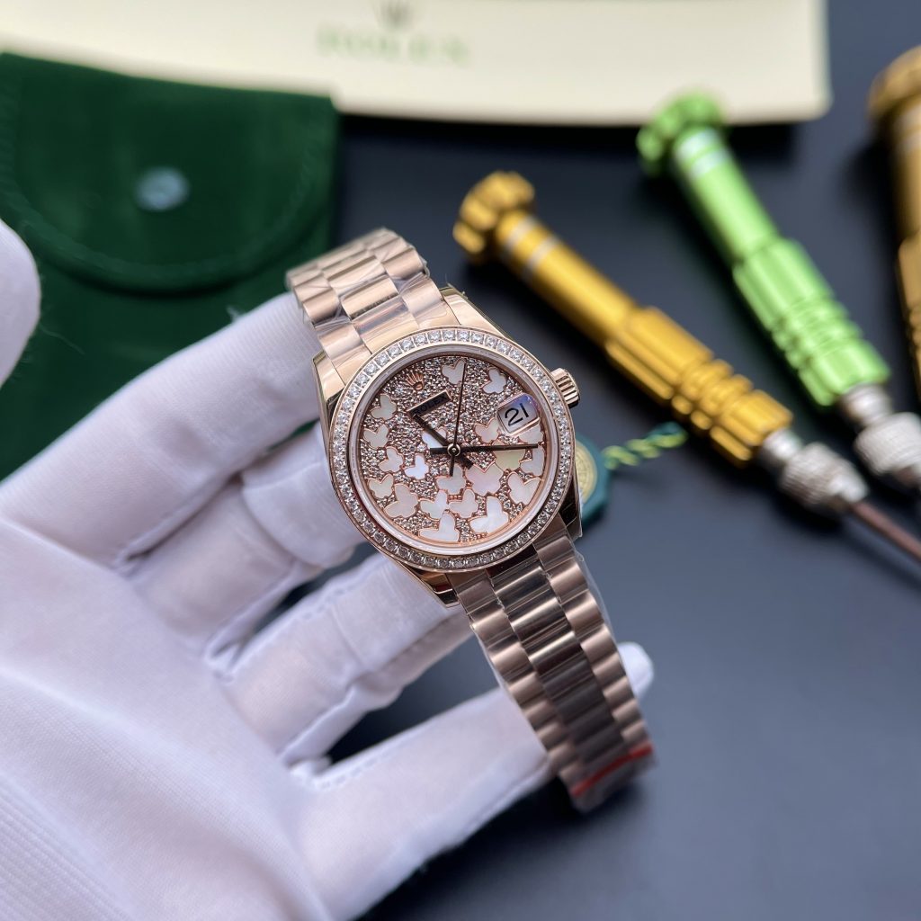 Đồng hồ nữ Rolex Datejust Replica 11 mặt số cánh bướm màu vàng hồng 31mm