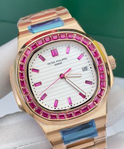 Đồng hồ nam máy cơ đính đá baguette Patek Philippe Nautilus Fake cao cấp 40mm