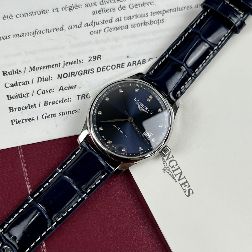 Đồng hồ cơ nam mặt xanh dây da Longines Master super fake 1:1 cao cấp 40mm