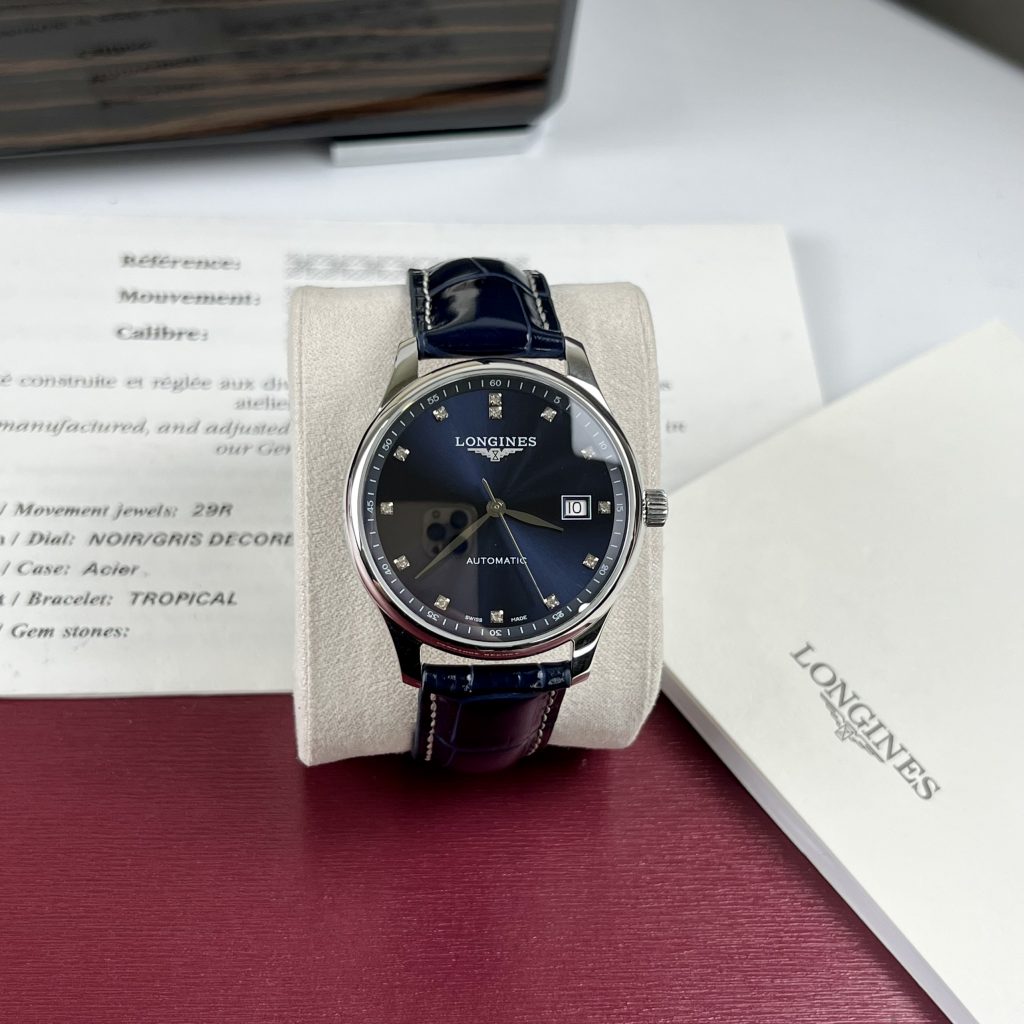 Đồng hồ cơ nam mặt xanh dây da Longines Master super fake 1:1 cao cấp 40mm