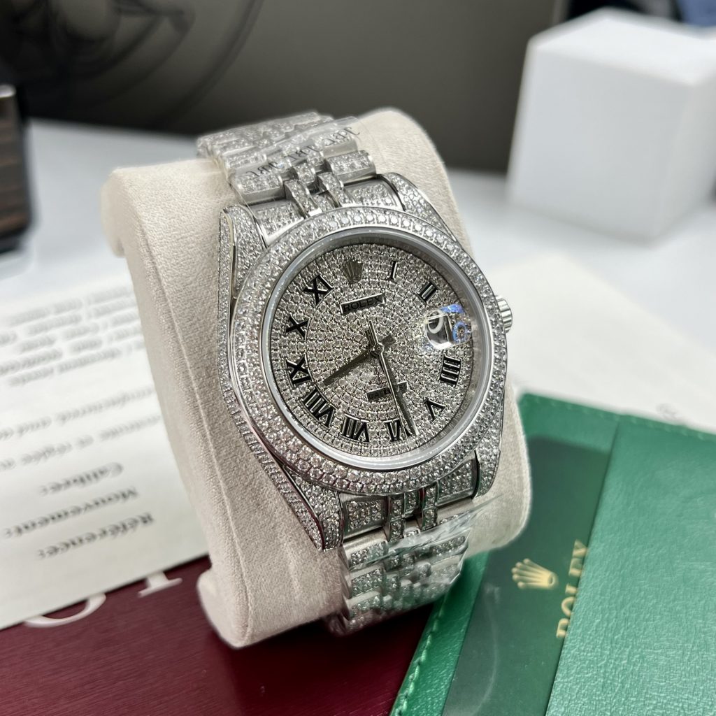 Đồng hồ Rolex DateJust fake cao cấp nam máy cơ đính full đá Swarovski dây kim loại 41mm