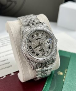 Đồng hồ Rolex DateJust fake cao cấp nam máy cơ đính full đá Swarovski dây kim loại 41mm