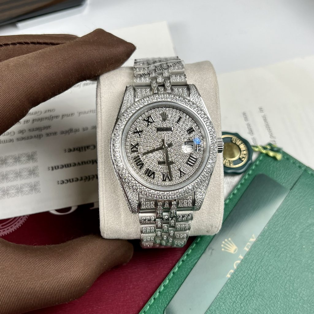 Đồng hồ Rolex DateJust fake cao cấp nam máy cơ đính full đá Swarovski dây kim loại 41mm