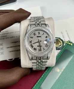 Đồng hồ Rolex DateJust fake cao cấp nam máy cơ đính full đá Swarovski dây kim loại 41mm