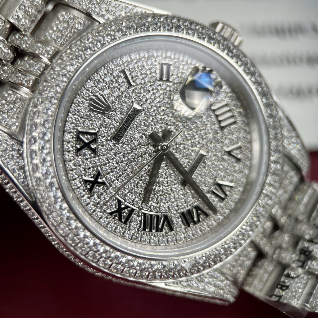 Đồng hồ Rolex DateJust fake cao cấp nam máy cơ đính full đá Swarovski dây kim loại 41mm