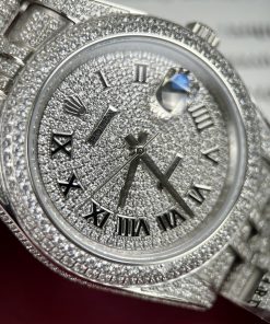 Đồng hồ Rolex DateJust fake cao cấp nam máy cơ đính full đá Swarovski dây kim loại 41mm