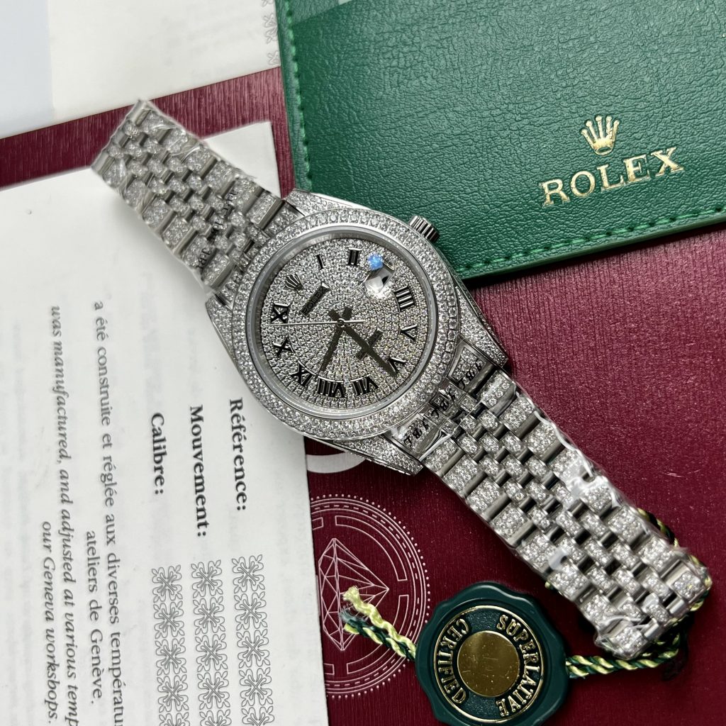 Đồng hồ Rolex DateJust fake cao cấp nam máy cơ đính full đá Swarovski dây kim loại 41mm